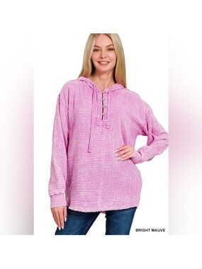 Zenana Outfitters Bright Mauve Hooded Pullover Sweatshirt